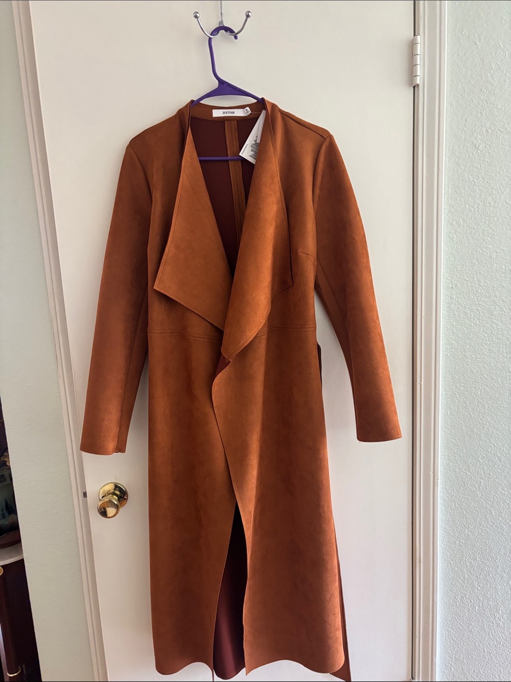 JustFab Rust Suede-Effect Long Drape Trench